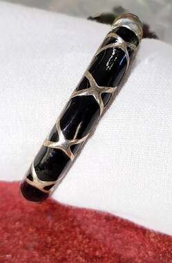 Vintage Black Enamel Geometric Hinged Bangle Bracelet Gold Color Cloisonne